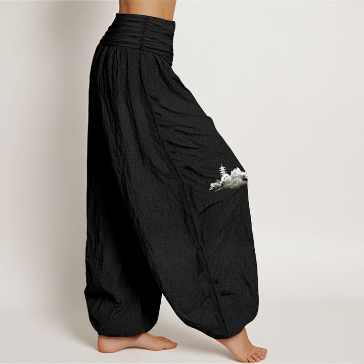 Pantalones bombachos de cintura elástica para mujer, de algodón puro, con estampado de flores de ciruelo , Buddha Stones y motivos de pescadores de montaña. - image 10