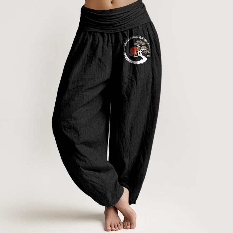 Pantalón tipo harem de mujer, de algodón puro, con cintura elástica , Buddha Stones, piedras, pino, sol rojo y carácter zen. - Negro - US16，UK/AU20，EU48 (3XL) - image 8