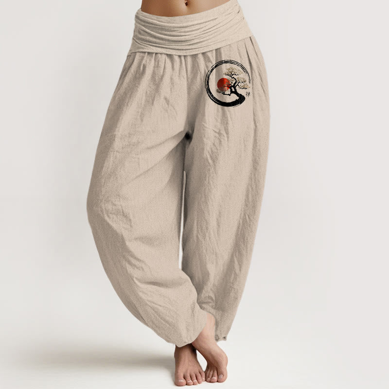 Pantalón tipo harem de mujer, de algodón puro, con cintura elástica , Buddha Stones, piedras, pino, sol rojo y carácter zen. - Broncearse - US16，UK/AU20，EU48 (3XL) - image 0