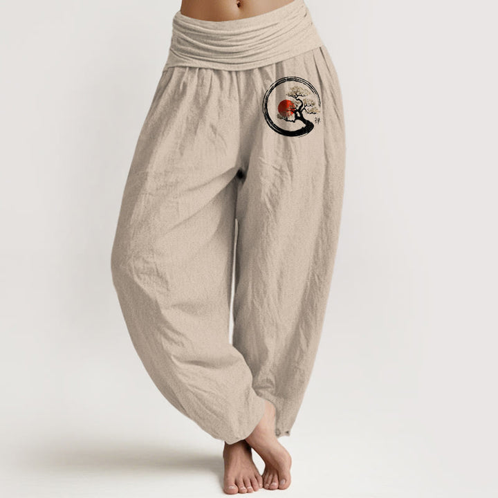 Pantalón tipo harem de mujer, de algodón puro, con cintura elástica , Buddha Stones, piedras, pino, sol rojo y carácter zen. - Broncearse - US16，UK/AU20，EU48 (3XL) - image 0