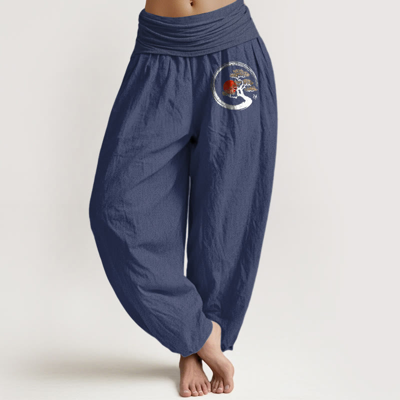 Pantalón tipo harem de mujer, de algodón puro, con cintura elástica , Buddha Stones, piedras, pino, sol rojo y carácter zen. - Azul pizarra oscuro - US16，UK/AU20，EU48 (3XL) - image 11