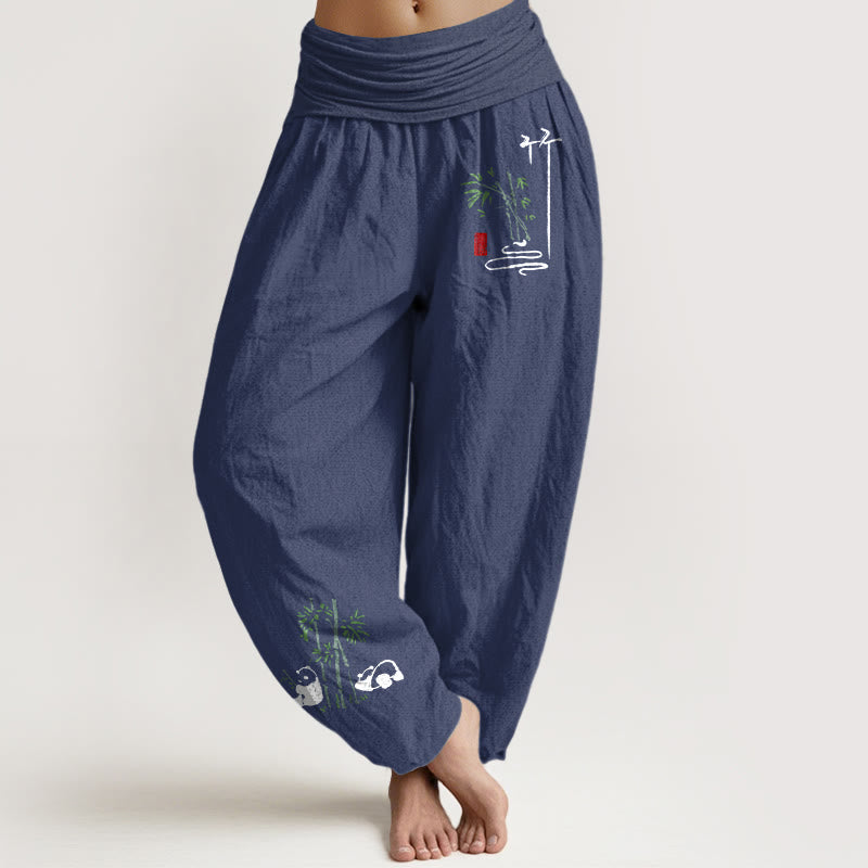 Pantalones bombachos de cintura elástica para mujer, de algodón puro, con estampado de hojas de bambú y pandas con Buddha Stones. - Azul pizarra oscuro - US16，UK/AU20，EU48 (3XL) - image 5