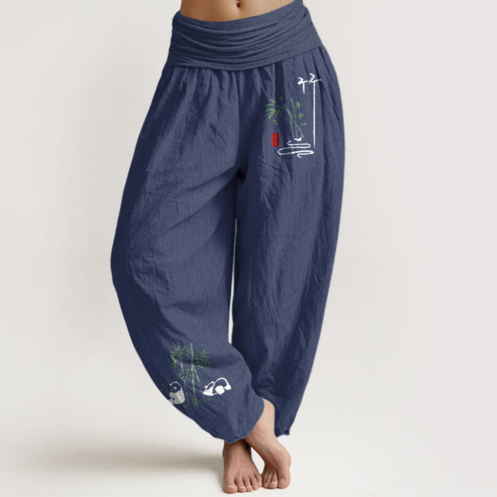 Pantalones bombachos de cintura elástica para mujer, de algodón puro, con estampado de hojas de bambú y pandas con Buddha Stones. - Azul pizarra oscuro - US16，UK/AU20，EU48 (3XL) - image 5