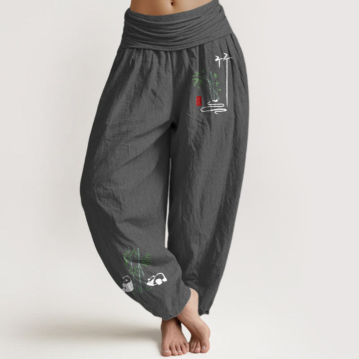 Pantalones bombachos de cintura elástica para mujer, de algodón puro, con estampado de hojas de bambú y pandas con Buddha Stones. - Gris tenue - US16，UK/AU20，EU48 (3XL) - image 8