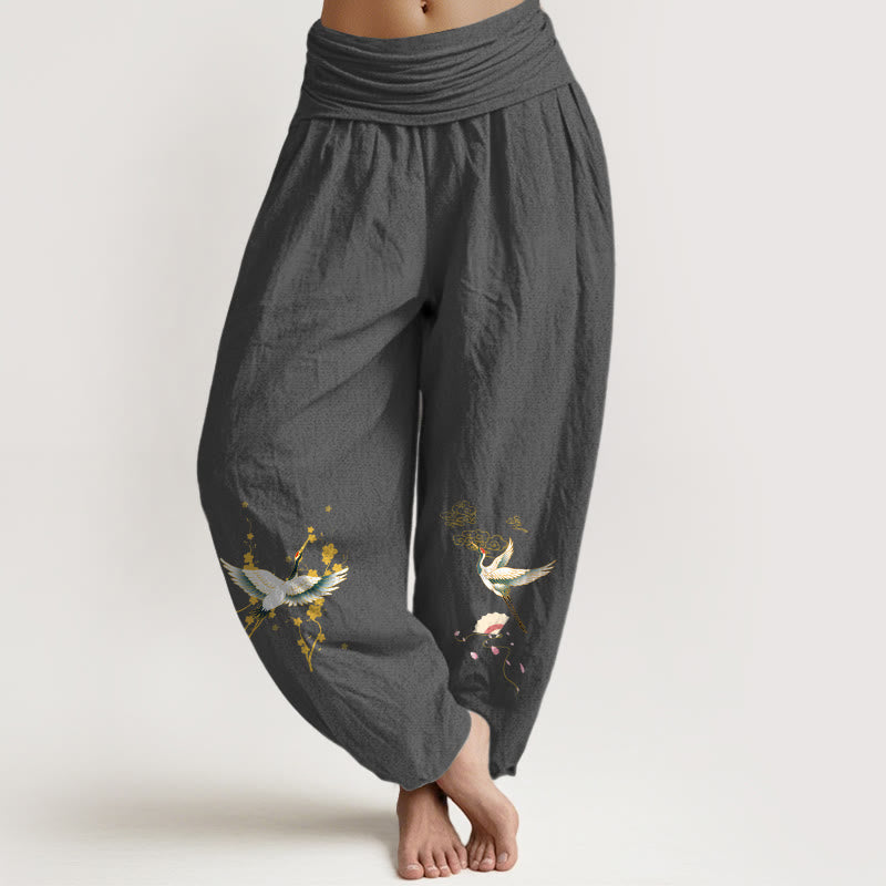 Pantalón tipo harem de mujer, de algodón puro, con cintura elástica, estampado de Buddha Stones , grulla, nubes auspiciosas y flores. - Gris oscuro - US16，UK/AU20，EU48 (3XL) - image 0