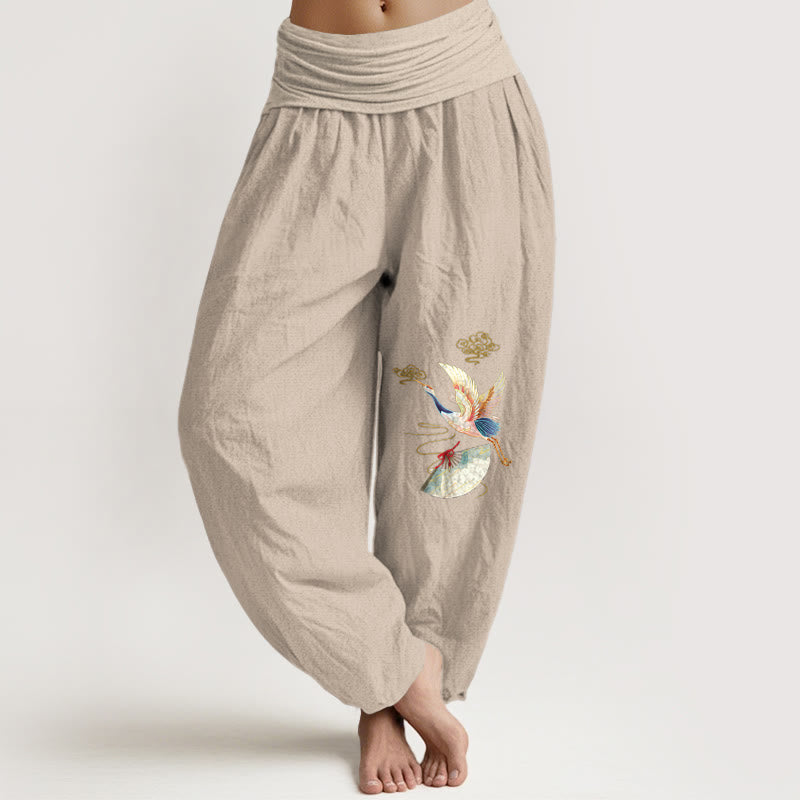 Pantalones bombachos de algodón con cintura elástica para mujer, con estampado de Buddha Stones, grulla, abanico plegable y nubes auspiciosas. - Broncearse - US16，UK/AU20，EU48 (3XL) - image 8