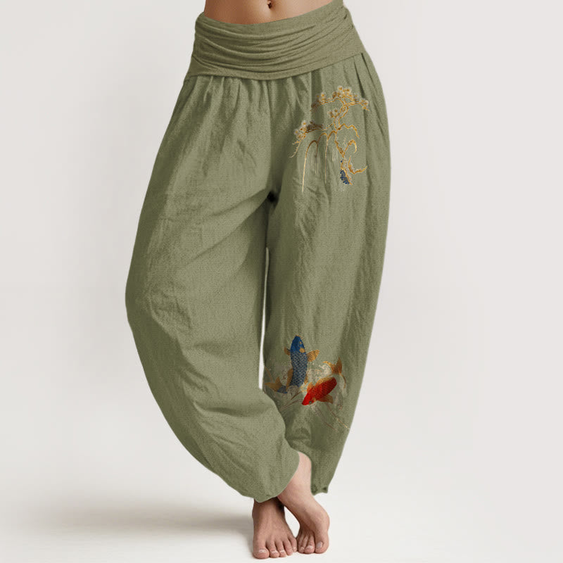 Pantalones bombachos de cintura elástica para mujer, de algodón puro con estampado de pinos y peces koi y piedras de Buddha Stones. - Verde oliva - US16，UK/AU20，EU48 (3XL) - image 14