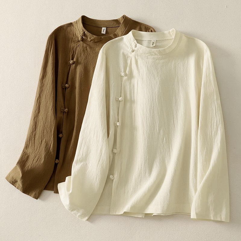 Camisa de algodón de manga larga para mujer con botones asimétricos y estampado de Buddha Stones en la parte delantera. - Vara de oro oscuro - US8-10，UK/AU12-14，EU40-42 (2XL) - image 0