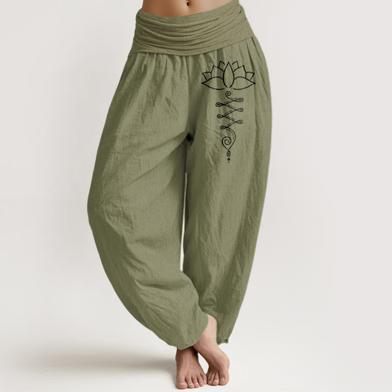 Pantalones bombachos de algodón con cintura elástica para mujer, estampado de flores de loto con el símbolo Unalome y Buddha Stones. - Verde oliva - US16，UK/AU20，EU48 (3XL) - image 8