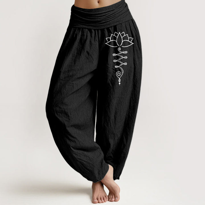 Pantalones bombachos de algodón con cintura elástica para mujer, estampado de flores de loto con el símbolo Unalome y Buddha Stones. - Negro - US16，UK/AU20，EU48 (3XL) - image 11