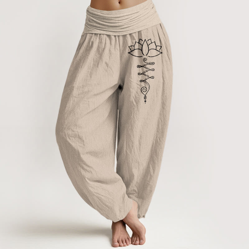 Pantalones bombachos de algodón con cintura elástica para mujer, estampado de flores de loto con el símbolo Unalome y Buddha Stones. - Broncearse - US16，UK/AU20，EU48 (3XL) - image 5