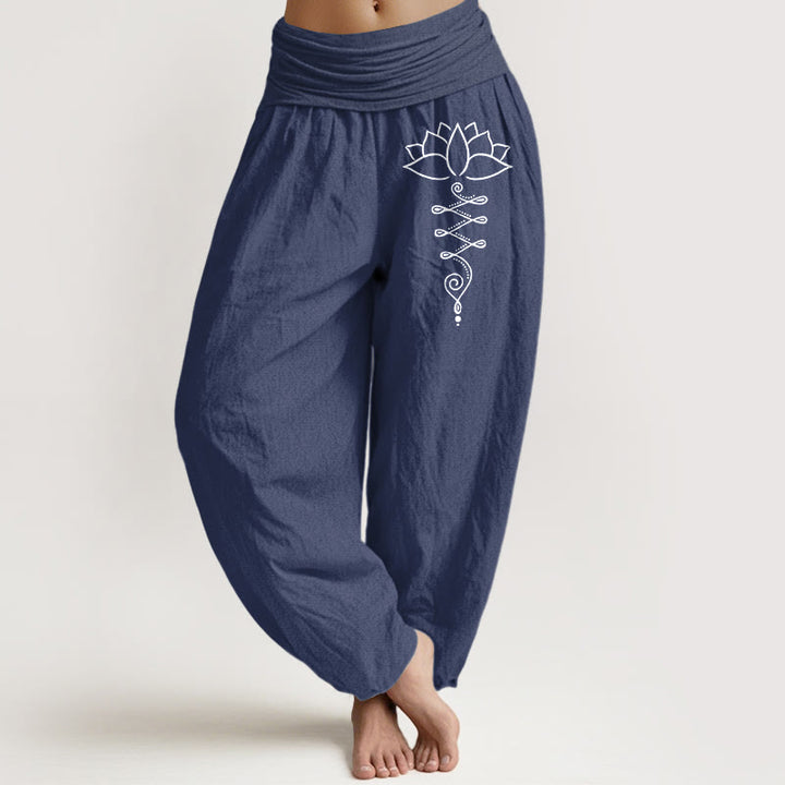 Pantalones bombachos de algodón con cintura elástica para mujer, estampado de flores de loto con el símbolo Unalome y Buddha Stones. - Azul pizarra oscuro - US16，UK/AU20，EU48 (3XL) - image 14