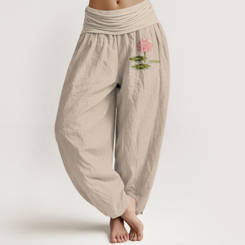 Pantalones bombachos de cintura elástica para mujer, de algodón puro con estampado de hojas y flores de loto de Buddha Stones. - Broncearse - US16，UK/AU20，EU48 (3XL) - image 11