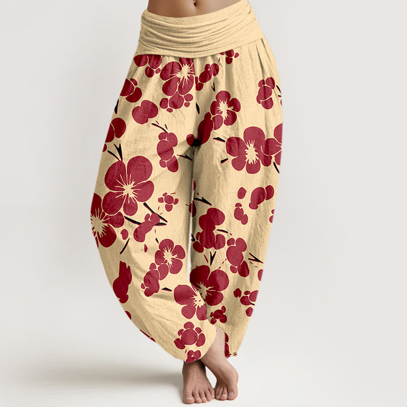 Pantalones bombachos de cintura elástica para mujer con estampado floral de flores de algodón puro y Buddha Stones - Rojo - US16，UK/AU20，EU48 (3XL) - image 8