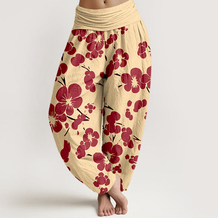 Pantalones bombachos de cintura elástica para mujer con estampado floral de flores de algodón puro y Buddha Stones - Rojo - US16，UK/AU20，EU48 (3XL) - image 8