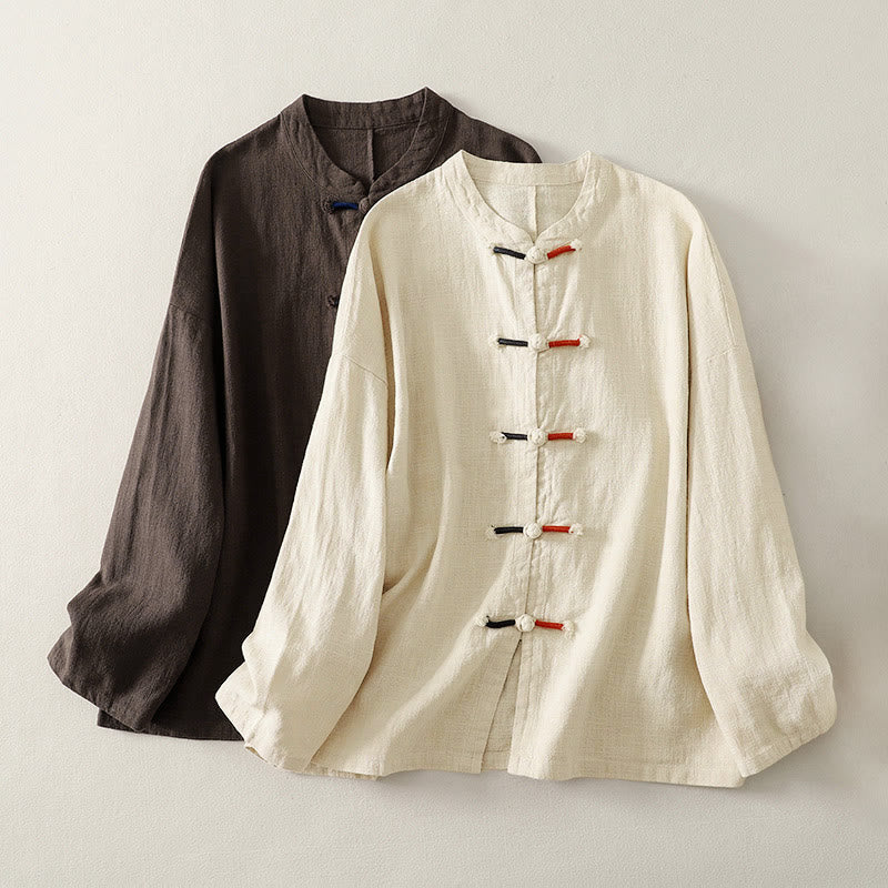 Camisa de manga larga para mujer, estilo zen, de algodón y lino , con Buddha Stones (estilo chino). - Marrón silla de montar - US8-10，UK/AU12-14，EU40-42 (2XL) - image 0