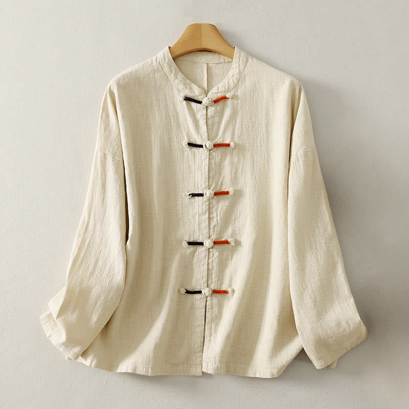 Camisa de manga larga para mujer, estilo zen, de algodón y lino , con Buddha Stones (estilo chino). - Beige - US8-10，UK/AU12-14，EU40-42 (2XL) - image 6