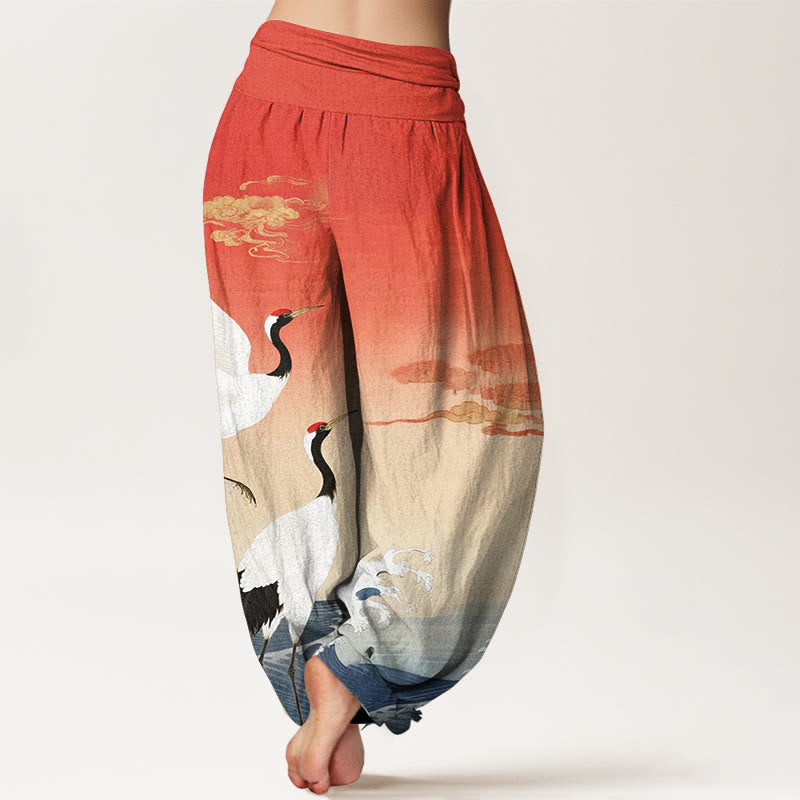 Pantalones bombachos de cintura elástica para mujer con estampado de Buddha Stones , nubes auspiciosas y océano. - image 2
