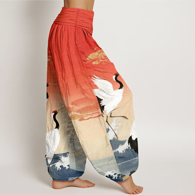 Pantalones bombachos de cintura elástica para mujer con estampado de Buddha Stones , nubes auspiciosas y océano. - image 1