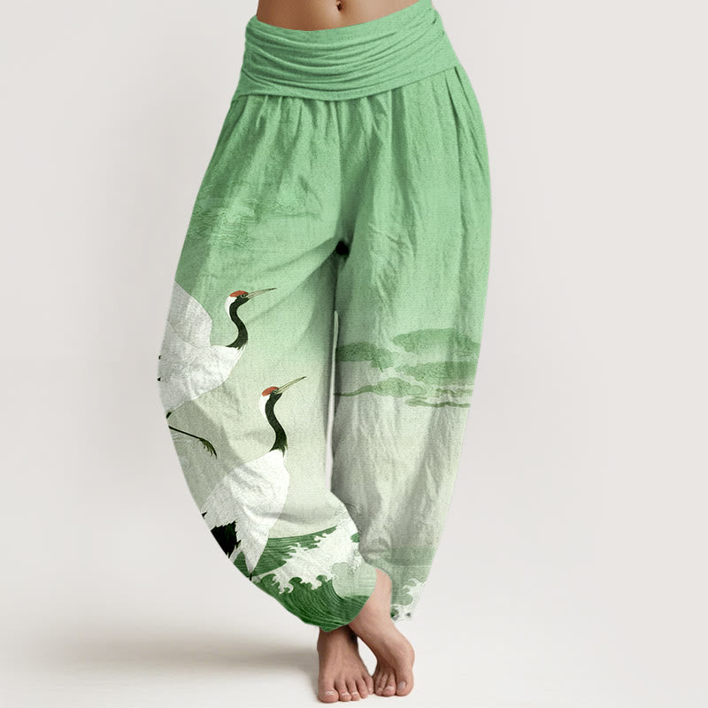 Pantalones bombachos de cintura elástica para mujer con estampado de Buddha Stones , nubes auspiciosas y océano. - Verde claro - US16，UK/AU20，EU48 (3XL) - image 5