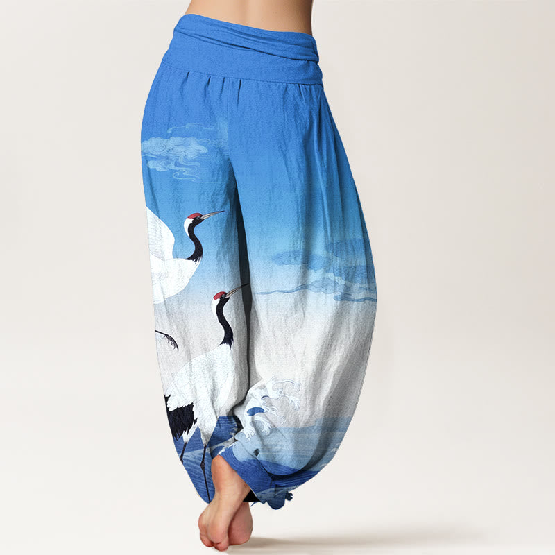 Pantalones bombachos de cintura elástica para mujer con estampado de Buddha Stones , nubes auspiciosas y océano. - image 9