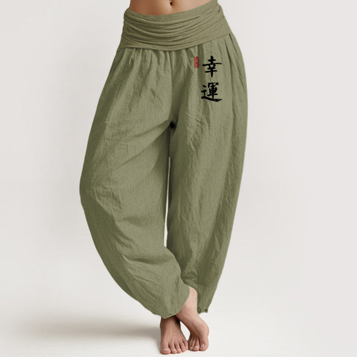 Pantalones bombachos de algodón con cintura elástica para mujer, estampado de sello rojo y caracteres chinos con Buddha Stones - Verde oliva - US16，UK/AU20，EU48 (3XL) - image 5