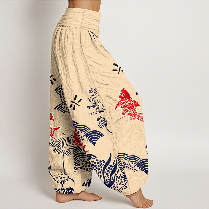 Pantalón tipo harem de cintura elástica para mujer , con Buddha Stones , peces koi, flores de loto y océano, de algodón puro. - image 2
