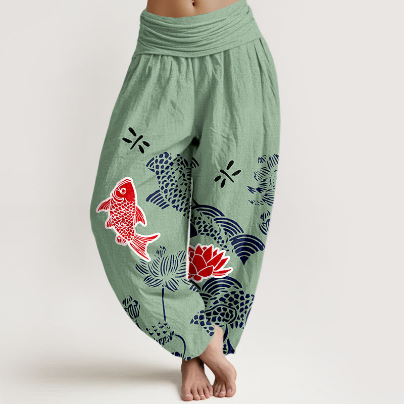 Pantalón tipo harem de cintura elástica para mujer , con Buddha Stones , peces koi, flores de loto y océano, de algodón puro. - Aguamarina medio - US16，UK/AU20，EU48 (3XL) - image 5