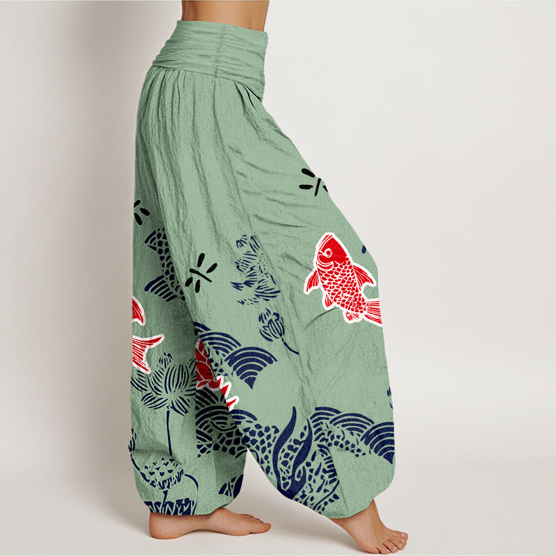 Pantalón tipo harem de cintura elástica para mujer , con Buddha Stones , peces koi, flores de loto y océano, de algodón puro. - image 7