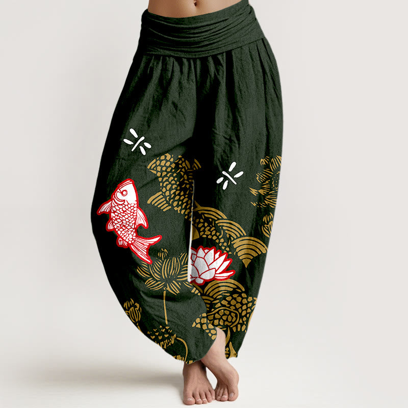 Pantalón tipo harem de cintura elástica para mujer , con Buddha Stones , peces koi, flores de loto y océano, de algodón puro. - Negro - US16，UK/AU20，EU48 (3XL) - image 8