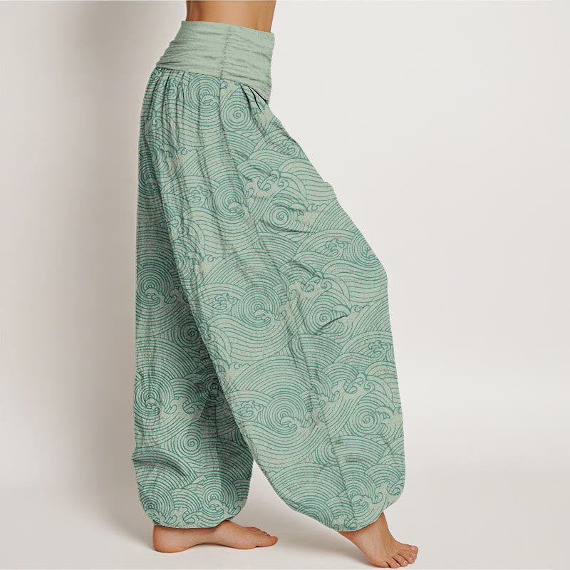 Pantalones bombachos de cintura elástica para mujer con estampado de olas del océano y diseño de Buddha Stones, de algodón puro Fu Character. - image 2