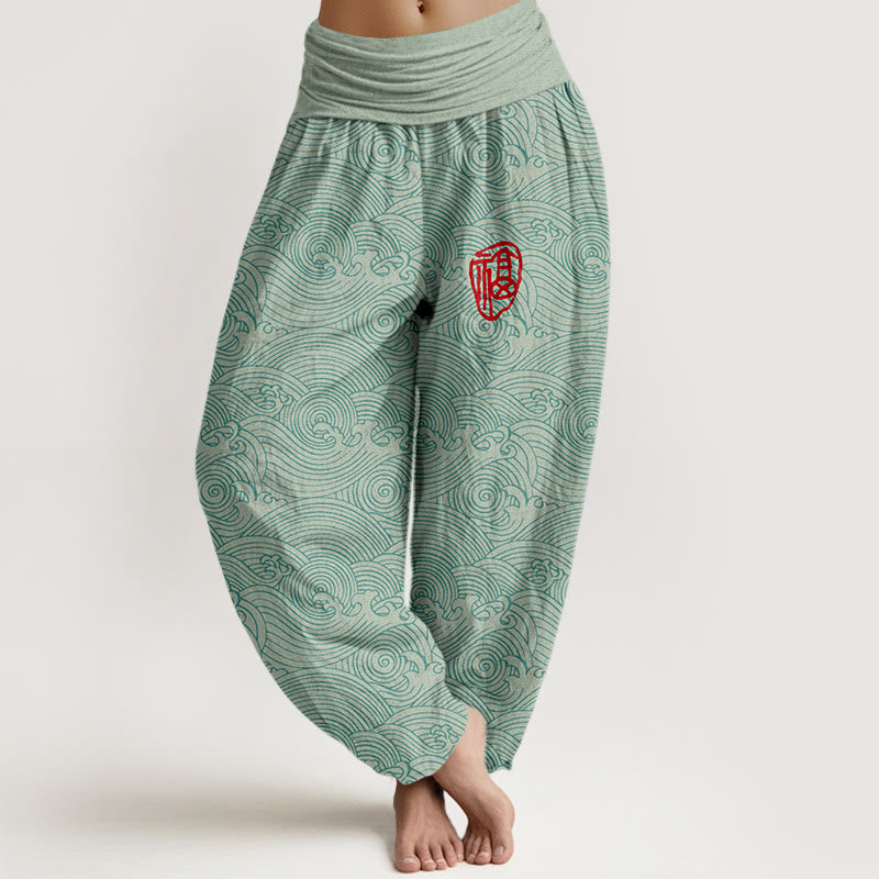 Pantalones bombachos de cintura elástica para mujer con estampado de olas del océano y diseño de Buddha Stones, de algodón puro Fu Character. - Aguamarina - US16，UK/AU20，EU48 (3XL) - image 0
