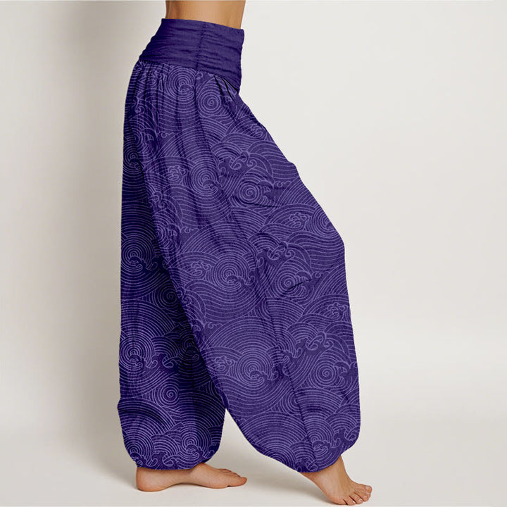 Pantalones bombachos de cintura elástica para mujer con estampado de olas del océano y diseño de Buddha Stones, de algodón puro Fu Character. - image 7