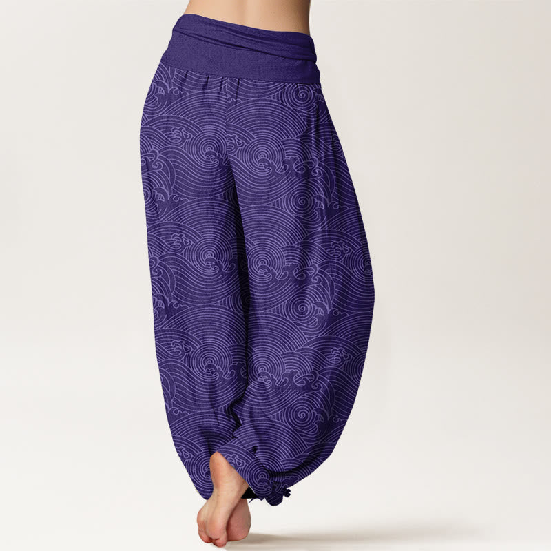 Pantalones bombachos de cintura elástica para mujer con estampado de olas del océano y diseño de Buddha Stones, de algodón puro Fu Character. - image 6