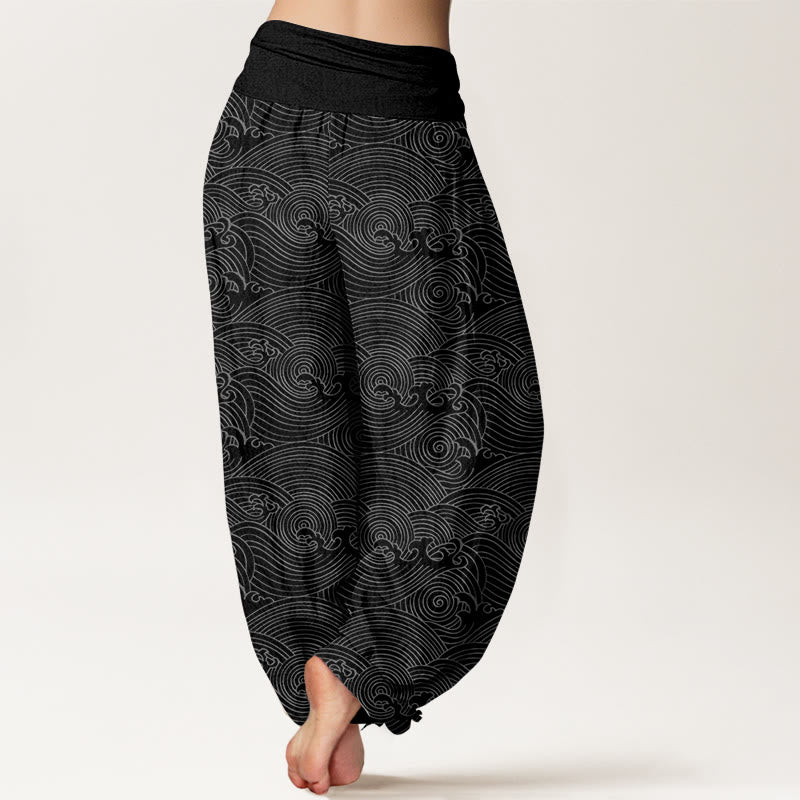 Pantalones bombachos de cintura elástica para mujer con estampado de olas del océano y diseño de Buddha Stones, de algodón puro Fu Character. - image 9