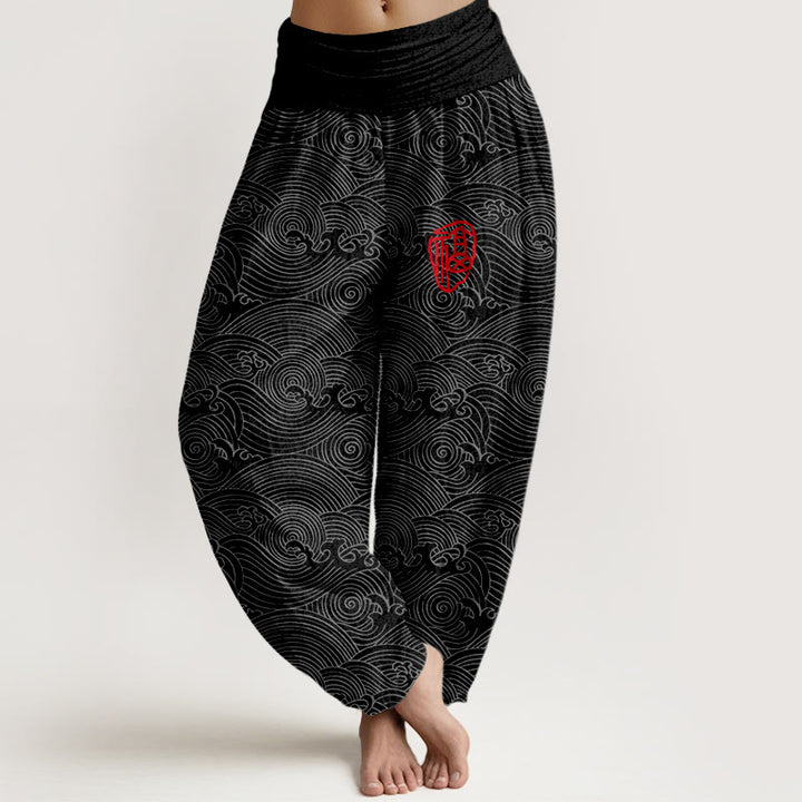 Pantalones bombachos de cintura elástica para mujer con estampado de olas del océano y diseño de Buddha Stones, de algodón puro Fu Character. - Negro - US16，UK/AU20，EU48 (3XL) - image 8