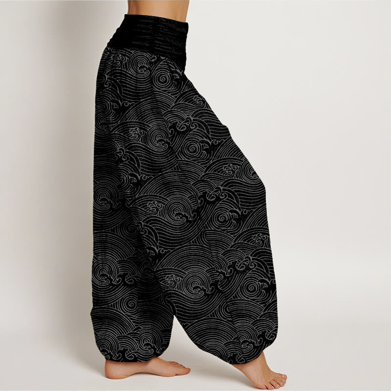 Pantalones bombachos de cintura elástica para mujer con estampado de olas del océano y diseño de Buddha Stones, de algodón puro Fu Character. - image 10