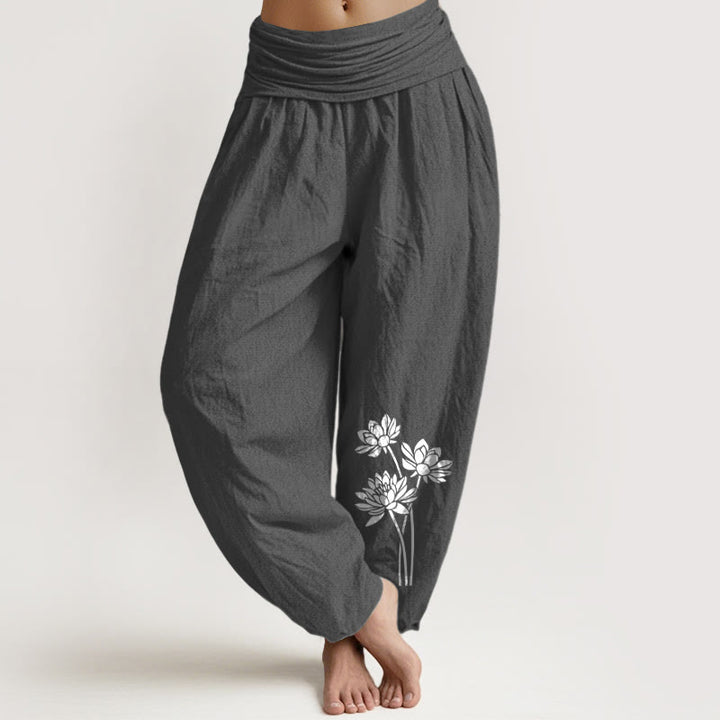 Pantalones bombachos de algodón con cintura elástica para mujer, con estampado informal de tres flores de loto y piedras de Buddha Stones. - Gris oscuro - US16，UK/AU20，EU48 (3XL) - image 0