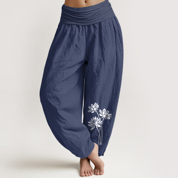Pantalones bombachos de algodón con cintura elástica para mujer, con estampado informal de tres flores de loto y piedras de Buddha Stones. - Azul pizarra oscuro - US16，UK/AU20，EU48 (3XL) - image 14