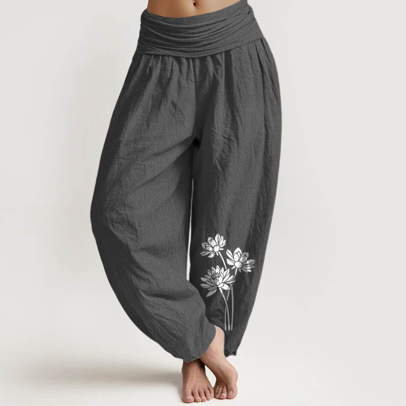 Pantalones bombachos de algodón con cintura elástica para mujer, con estampado informal de tres flores de loto y piedras de Buddha Stones. - Gris oscuro - US16，UK/AU20，EU48 (3XL) - image 0