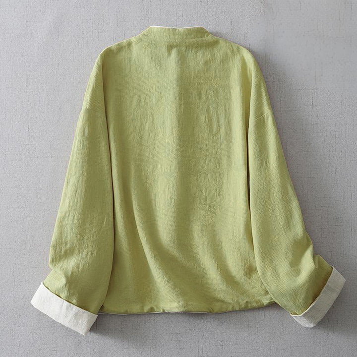 Chaqueta de algodón y lino lisa de manga larga con cuello alto y bolsillos para mujer de Buddha Stones - image 1