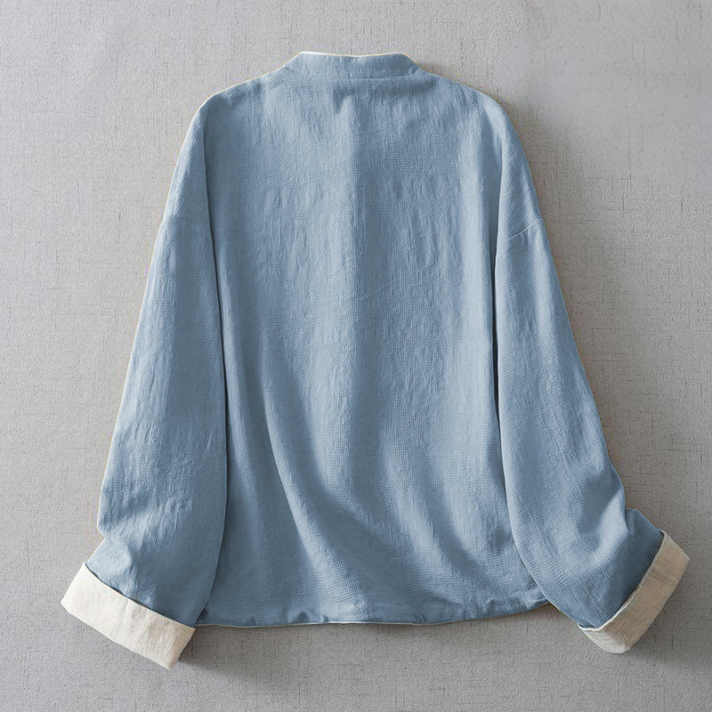 Chaqueta de algodón y lino lisa de manga larga con cuello alto y bolsillos para mujer de Buddha Stones - image 8