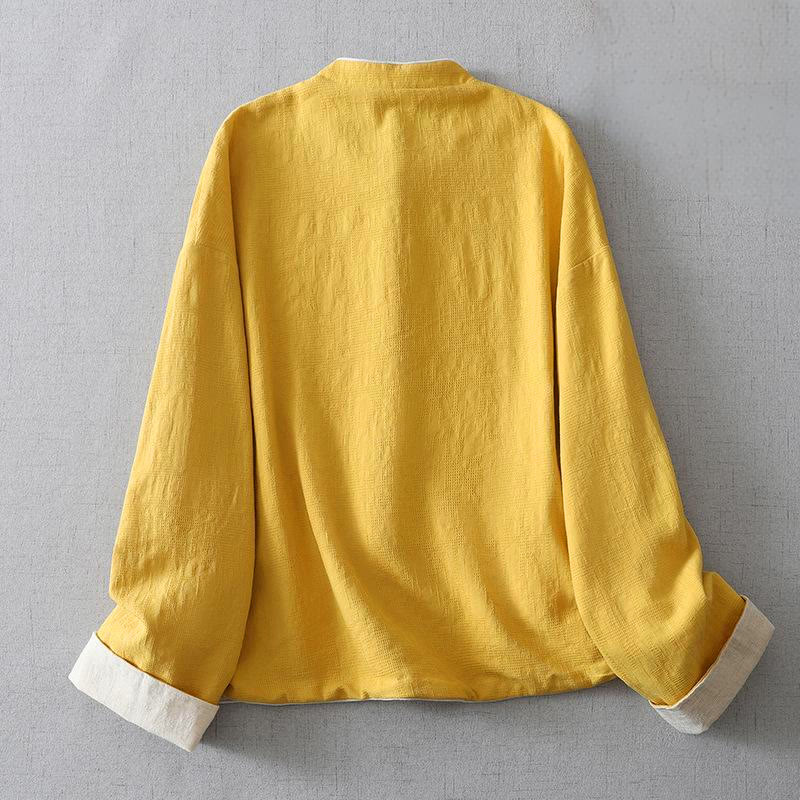 Chaqueta de algodón y lino lisa de manga larga con cuello alto y bolsillos para mujer de Buddha Stones - image 3