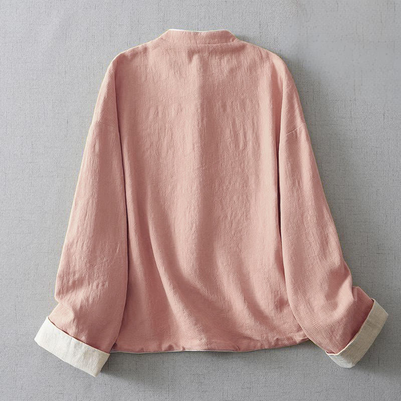 Chaqueta de algodón y lino lisa de manga larga con cuello alto y bolsillos para mujer de Buddha Stones - image 6