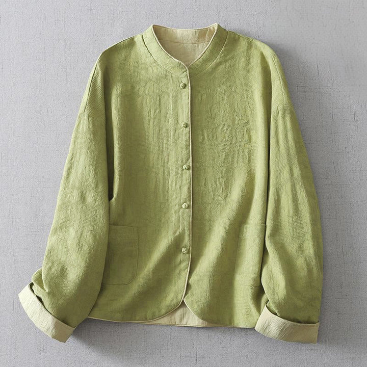 Chaqueta de algodón y lino lisa de manga larga con cuello alto y bolsillos para mujer de Buddha Stones - Verde amarillento - US8-10，UK/AU12-14，EU40-42 (2XL) - image 0