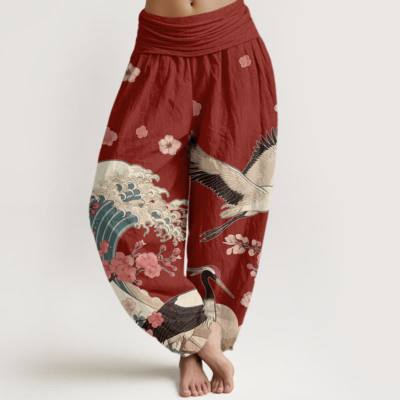 Pantalones bombachos de cintura elástica para mujer con estampado de piedras de Buddha Stones , flores de melocotón y océano. - Rojo oscuro - US16，UK/AU20，EU48 (3XL) - image 0