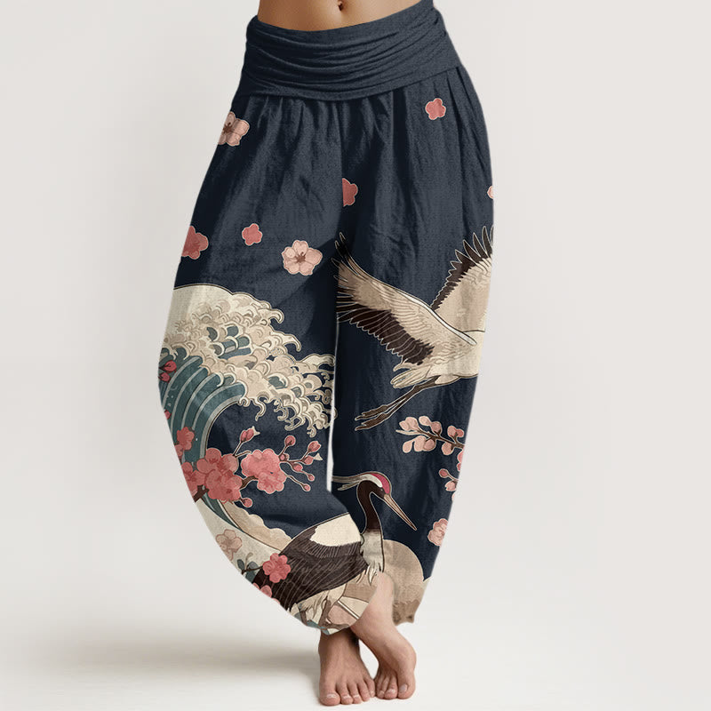 Pantalones bombachos de cintura elástica para mujer con estampado de piedras de Buddha Stones , flores de melocotón y océano. - Negro - US16，UK/AU20，EU48 (3XL) - image 5