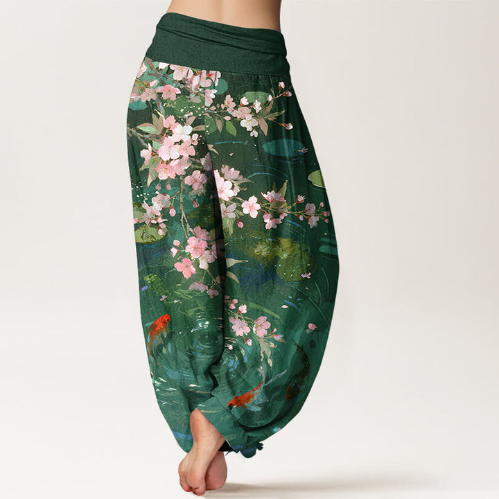 Pantalones bombachos de cintura elástica para mujer, de algodón puro con estampado de flores de sakura, peces koi y hojas de loto, con Buddha Stones. - image 1