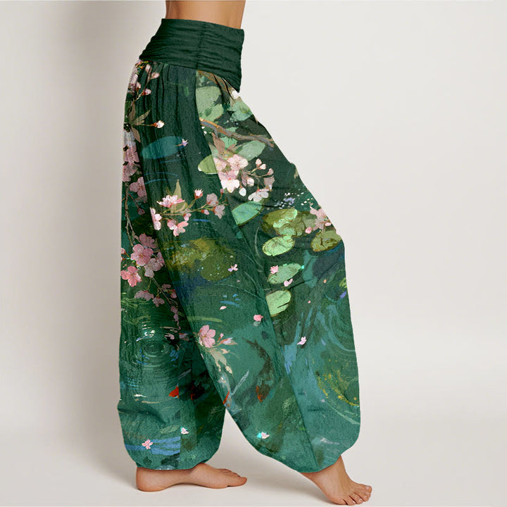 Pantalones bombachos de cintura elástica para mujer, de algodón puro con estampado de flores de sakura, peces koi y hojas de loto, con Buddha Stones. - image 2