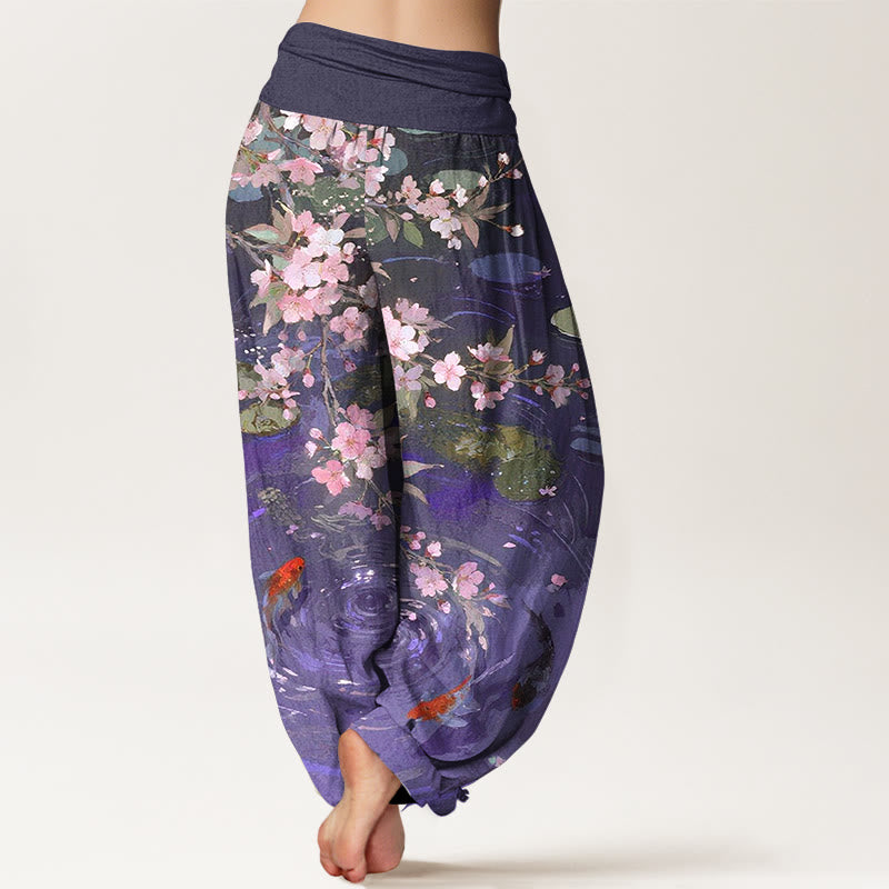 Pantalones bombachos de cintura elástica para mujer, de algodón puro con estampado de flores de sakura, peces koi y hojas de loto, con Buddha Stones. - image 6
